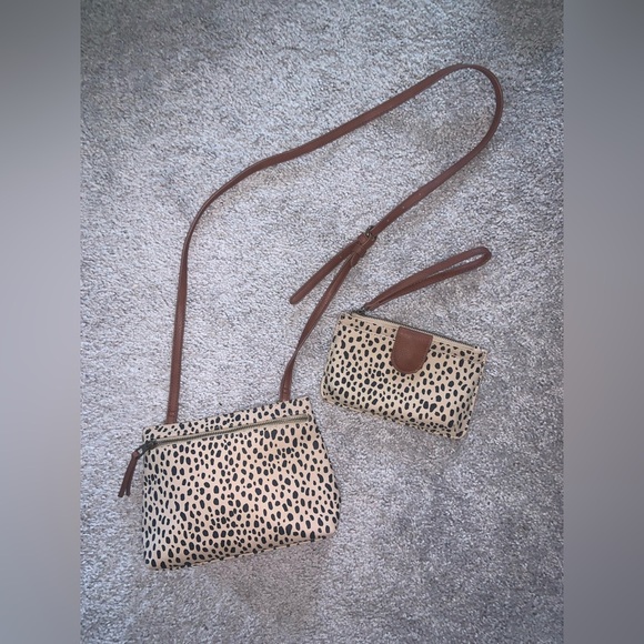 Tan & Black Dalmatian Shoulder Bag and Clutch Wallet Set of 2 - Picture 4 of 15
